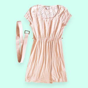 Cream/Beige T-Shirt Dress w/ Lace Back + Belt F21 S